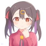  1girl black_hair bolo_tie brown_eyes commentary hair_between_eyes hair_ornament hair_ribbon hairclip heart highres light_blush long_hair long_sleeves looking_at_viewer multicolored_hair omochi_tabeyo97 onii-chan_wa_oshimai! oyama_mihari portrait purple_hair red_ribbon red_shirt ribbon shirt simple_background smile solo twintails two-tone_hair white_background wing_collar 