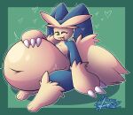  anthro belly big_belly big_hands blue_body blue_fur breasts claws digital_drawing_(artwork) digital_media_(artwork) ears_back eyes_closed fakemon female fluffy fur fusion generation_1_pokemon generation_4_pokemon ghostlyfoxy hair hi_res hybrid inflation lagomorph lopunny mammal multicolored_body multicolored_fur multicolored_hair nintendo open_mouth pivoted_ears plant pokemon pokemon_(species) pokemon_berry pokemon_fusion signature simple_background sitting slightly_chubby smile snorlax solo tan_body tan_fur thick_thighs tongue tuft two_tone_body two_tone_fur two_tone_hair wide_hips 