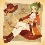 1girl ascot blush boots bow coat copyright_name cross-laced_footwear crossed_legs full_body green_eyes green_hair hair_bow hat hat_feather holding holding_sword holding_weapon hook_hand invisible_chair jewelry lace-up_boots looking_at_viewer map midorikawa_nao necklace parted_bangs pirate pirate_hat ponytail precure short_hair sitting skirt smile smile_precure! solo sword thighhighs v-shaped_eyebrows weapon yunoto_(conceit) 