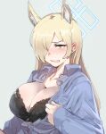  1girl animal_ear_fluff animal_ears bangs black_bra blonde_hair blue_archive blue_shirt blush bow_(bhp) bra breasts cleavage grey_background hair_over_one_eye kanna_(blue_archive) large_breasts long_hair long_sleeves looking_at_viewer open_clothes open_shirt partially_unbuttoned sharp_teeth shirt simple_background solo teeth underwear upper_body 