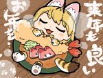  1girl :3 ^_^ animal_ear_fluff animal_ears blonde_hair blush blush_stickers bow bowl bowtie chibi closed_eyes commentary_request extra_ears facing_viewer food gloves in_bowl in_container in_food kemono_friends kuro_shiro_(kuro96siro46) lucky_beast_(kemono_friends) lying on_back open_mouth partially_submerged print_bow print_bowtie print_gloves print_skirt serval_(kemono_friends) serval_print short_hair shrimp shrimp_tempura skirt sleeping smile solo table tail tempura translation_request wooden_table 