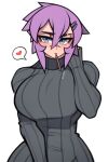  1girl absurdres blue_eyes breasts closed_mouth food_in_mouth grey_sweater hair_ornament hairclip heart highres large_breasts long_sleeves looking_at_viewer maya_(roadi3) original pocky_day pocky_in_mouth purple_hair ribbed_sweater roadi3 short_hair simple_background solo speech_bubble spoken_heart sweater white_background 