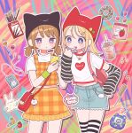  2girls arm_warmers backpack bag blonde_hair blue_eyes blue_nails blue_shorts blush_stickers brown_hair candy cellphone closed_mouth clothes_writing comb denim denim_shorts digital_media_player drink drinking_straw fingernails food highres holding holding_phone jewelry lollipop long_hair low_twintails multiple_girls nail_polish nokanok orange_skirt original parted_lips phone pink_nails pocky purple_eyes ring shirt short_sleeves shorts shoulder_bag skirt smartphone smile striped striped_thighhighs tamagotchi thighhighs twintails white_shirt 