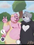  absurd_res anthro canid canine canis clothed clothed/nude clothing convenient_censorship domestic_dog duo grey_body hi_res huge_filesize male male/male mammal nude pink_body selfie slightly_chubby sweater topwear vainillo_(zachyy) yellow_eyes 
