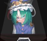  1girl alternate_eye_color angry black_background black_headwear blue_headwear blue_vest buttons commentary discord english_commentary english_text epaulettes flat_chest frilled_hat frills gazter green_hair hair_between_eyes hat highres interrogation looking_at_viewer medium_bangs open_mouth parted_bangs purple_eyes shiki_eiki shirt short_hair solo spotlight table touhou upper_body v-shaped_eyebrows vest white_shirt 