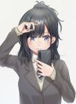  1girl adjusting_hair black_hair blue_eyes blush grey_jacket holding holding_phone idolmaster idolmaster_shiny_colors jacket kazano_hiori long_hair long_sleeves looking_at_phone ma7bell mole mole_under_mouth necktie phone reflection school_uniform simple_background solo upper_body white_background 