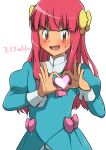  1boy ashley_(pokemon_bw098) blush bow brown_eyes commentary_request crossdressing dated dress embarrassed green_dress hair_bow hands_up heart heart_hands highres kousuke_(ko_suke) long_hair long_sleeves looking_at_viewer male_focus open_mouth otoko_no_ko pink_hair pokemon pokemon_(anime) pokemon_bw_(anime) sidelocks simple_background solo sweatdrop tongue white_background yellow_bow 