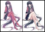  1girl arm_support ass bare_legs barefoot black_sailor_collar black_skirt blunt_bangs brown_hair danganronpa_(series) danganronpa_v3:_killing_harmony hair_ornament hair_scrunchie harukawa_maki long_hair long_sleeves looking_at_viewer low_twintails miniskirt mole mole_under_eye multiple_views no_shoes pleated_skirt red_eyes red_scrunchie red_shirt sailor_collar satori_(aosky9077) scar scar_on_leg school_uniform scrunchie shirt sitting skirt thighhighs twintails very_long_hair 