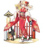  1girl bag black_bag black_footwear black_ribbon blonde_hair blue_eyes breasts closed_mouth fence floral_print flower flower_request folding_fan full_body fur-trimmed_kimono fur_trim geta girls&#039;_frontline hair_flower hair_ornament hair_ribbon hand_fan highres holding holding_bag holding_fan japanese_clothes jar jianren kimono lantern larue_tactical_obr light_smile long_hair looking_at_viewer medium_breasts obr_(envoy_of_spring)_(girls&#039;_frontline) obr_(girls&#039;_frontline) official_alternate_costume official_art paper_lantern red_flower red_kimono red_ribbon ribbon scope socks solo standing tabi transparent_background twintails white_socks wide_sleeves wooden_fence 