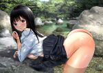  1girl :o ass bent_over black_hair black_skirt blue_eyes blunt_bangs blush breasts commentary_request day forest highres huge_ass long_hair looking_at_viewer medium_breasts nature open_mouth original outdoors partially_submerged pond rock school_uniform shirt skirt solo takapin tan tanlines thick_thighs thighs tree uniform wet white_shirt 