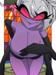  anthro arthropod breasts clothed clothing crossgender demon female hair hazbin_hotel hi_res insect lepidopteran mature_female moth mtf_crossgender multi_arm multi_limb open_mouth open_smile partially_clothed purple_body red_eyes smile solo thick_thighs usagi_star valentino_(hazbin_hotel) white_hair 