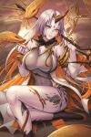  1girl breasts colored_inner_hair commentary covered_navel english_commentary fire_emblem fire_emblem_heroes foot_out_of_frame gold_trim gullveig_(fire_emblem) horns hybridmink large_breasts long_hair looking_at_viewer multicolored_hair orange_eyes orange_hair paid_reward_available pale_skin parted_lips patreon_username signature single_horn smile snake solo two-tone_dress two-tone_hair very_long_hair white_hair 