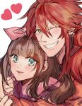  1boy 1girl :d blue_eyes blush bow brown_hair cardia_beckford code:realize green_eyes grin heart hetero highres impey_barbicane kash-phia long_hair one_eye_closed pink_bow red_hair simple_background smile upper_body 