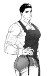  1boy apron ass bara beware_the_ides_of_march closed_mouth collared_shirt greyscale highres large_pectorals looking_at_viewer male_focus monochrome muscular muscular_male park_mok-hwa pectorals shirt short_hair shorts simple_background solo thick_thighs thighs 