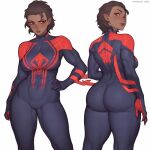  asura_(artist) big_butt black_clothing blush brown_body brown_hair brown_skin butt claws clothing crossgender female hair humanoid humanoid_pointy_ears marvel miguel_o&#039;hara red_clothing red_eyes skull_symbol solo spider-man_(series) 