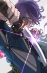  1boy blue_eyes covered_mouth floating_hair flower glint grey_background hair_between_eyes hand_up highres holding holding_sword holding_weapon incoming_attack japanese_clothes kasen_kanesada kimono layered_sleeves long_sleeves looking_at_viewer male_focus mi_asupara26_k motion_blur one_eye_covered outstretched_arm purple_hair sheath short_hair simple_background solo sword touken_ranbu unsheathing upper_body weapon 