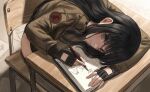  1girl absurdres black_gloves black_hair brown_jacket chair closed_mouth desk fingerless_gloves gloves gold_can grey_hair highres holding holding_pencil indoors jacket long_hair looking_at_viewer on_chair original pencil school_chair school_desk solo 