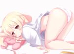  1girl all_fours ass bare_legs blush cocozasa feet_out_of_frame futaba_anzu idolmaster idolmaster_cinderella_girls long_hair looking_at_viewer looking_to_the_side no_pants panties petite shirt simple_background smile solo teeth top-down_bottom-up underwear very_long_hair white_background white_panties white_shirt 