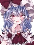  1girl ascot bat_wings blue_hair blush blush_visible_through_hair bow brooch collared_shirt fang frilled_ascot frilled_shirt_collar frilled_wrist_cuffs frills hair_between_eyes hand_on_own_chin hand_up hat hat_ribbon jaku_sono jewelry looking_at_viewer mob_cap open_mouth pointy_ears puffy_short_sleeves puffy_sleeves red_ascot red_bow red_eyes red_ribbon remilia_scarlet ribbon shirt short_sleeves simple_background skin_fang smile solo tongue touhou upper_body wavy_hair white_background white_headwear white_shirt wings wrist_cuffs 