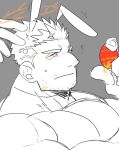  1boy animal_ears bara easter egg egg_(food) facial_hair flaming_halo food frown halo holding holding_egg kemonomimi_mode large_pectorals male_focus muscular muscular_male pectorals po_fu rabbit_ears short_hair sideburns sketch solo spot_color stubble sweatdrop thick_eyebrows tokyo_afterschool_summoners upper_body zabaniyya_(housamo) 