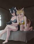  2girls absurdres all_fours animal_ears animal_print bed bedroom black_eyes black_hair blonde_hair blue_eyes blush book bra breasts brown_hair ceiling cleavage collarbone crossed_legs dripping eyelashes food furrowed_brow giraffe_ears giraffe_girl giraffe_horns giraffe_print giraffe_tail grey_bra grey_panties grey_wolf_(kemono_friends) hair_between_eyes hanging_breasts heterochromia highres holding holding_book holding_food horns indoors kemono_friends kyonin_dofu large_breasts long_hair looking_at_another looking_at_object melting multicolored_hair multiple_girls nose_blush on_bed open_book panties parted_bangs print_bra reticulated_giraffe_(kemono_friends) sitting strap_gap sweat tail underwear underwear_only white_hair window wolf_ears wolf_tail wooden_wall yellow_eyes 