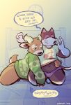  2023 animal_crossing anthro anthro_on_anthro antlers beau_(animal_crossing) bed bedroom belly briefs bulge chubby_anthro chubby_male clock clothed clothing cuddling deer dialogue domestic_cat duo embrace english_text felid feline felis fur furniture hi_res horn inside jockstrap kneeling lenny_(artist) male male/male mammal motion_lines narrowed_eyes navel nintendo on_bed one_eye_closed open_mouth punchy_(animal_crossing) romantic romantic_couple shirt signature sweater t-shirt text thick_thighs tired topwear tuft underwear whiskers yawn 