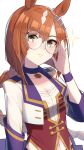  1girl adjusting_eyewear animal_ears braid braided_ponytail breasts brown_eyes brown_hair choker closed_mouth commentary_request cropped_jacket ear_ornament highres horse_ears horse_girl ikuno_dictus_(umamusume) long_hair midriff multicolored_hair navel nonono_(1399900) pendant_choker purple_choker round_eyewear simple_background small_breasts solo starting_future_(umamusume) streaked_hair umamusume upper_body white_background white_hair 