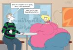  2014 anthro ares_(arestheram) belly beverage big_belly big_breasts big_butt blonde_hair blue_eyes bottomwear bovid breasts butt caprine clothing container copyright_symbol cup digital_media_(artwork) duo english_text female furniture gerbil hair hi_res horn huge_breasts huge_thighs male mammal murid obese obese_anthro obese_female overweight overweight_anthro overweight_female pants rodent sandy_(satsumalord) satsumalord sitting snow speech_bubble sweater symbol table text thick_thighs topwear 