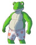  amphibian anthro awkward_smile black_eyes blush boxers_(clothing) boxers_only clothed clothing frog green_body green_scales heart_boxers heart_underwear hi_res kayadult male nervous nintendo open_mouth overweight overweight_male print_boxers print_clothing print_underwear scales simple_background slippy_toad solo star_fox tan_body tan_scales topless underwear underwear_only white_background white_boxers white_clothing white_underwear 