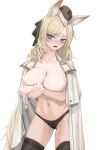  1girl absurdres animal_ears arknights black_headwear black_panties black_thighhighs blonde_hair blue_eyes blush breasts cape commentary covering covering_breasts cowboy_shot fangs highres large_breasts long_hair looking_at_viewer mildt navel nose_blush open_mouth panties simple_background solo standing stomach tail thighhighs thighs topless underwear whislash_(arknights) white_background white_cape 