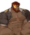  1boy abs artist_request bara bare_pectorals beard bottomless dark-skinned_male dark_skin eyebrow_cut facial_hair feet_out_of_frame flaccid flaming_eye hephaestus_(housamo) highres jacket large_areolae large_pectorals looking_at_viewer male_focus male_pubic_hair mature_male muscular muscular_male navel nipples open_clothes open_jacket out-of-frame_censoring pectorals pubic_hair puffy_nipples red_eyes scar scar_on_chest short_hair solo tearing_up thick_eyebrows thick_thighs thighs tokyo_afterschool_summoners unzipped very_dark_skin 