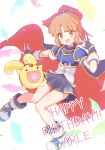  1girl arle_nadja armor blue_armor blue_gloves blue_skirt brown_eyes brown_hair cape carbuncle_(puyopuyo) character_name confetti gloves happy_birthday highres jazz_grace long_hair looking_at_viewer madou_monogatari open_mouth ponytail puyopuyo red_cape shirt short_sleeves skirt star_in_mouth white_footwear white_shirt 