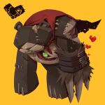  972819623datiancai cape digimon digimon_(creature) full_body green_eyes heart highres red_cape sharp_teeth stitches stuffed_animal stuffed_toy teddy_bear teeth warumonzaemon wrist_belt yellow_background zipper 