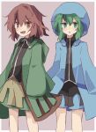  2others androgynous black_shirt blue_coat blue_shorts border coat collared_shirt commentary_request green_coat green_eyes green_hair green_shorts hood hood_up hooded_coat len&#039;en long_sleeves minoru_minoru multiple_others open_clothes open_coat open_mouth other_focus red_eyes red_hair shirt shitodo_aoji shitodo_hooaka short_hair shorts siblings simple_background sleeves_past_fingers sleeves_past_wrists smile white_border 