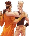  2boys arm_around_shoulder black_hair bracelet dark-skinned_male dark_skin earrings flattop from_behind grey_hair hage_tashuumi hand_on_own_hip jean_pierre_polnareff jewelry jojo_no_kimyou_na_bouken laughing male_focus multiple_boys ponytail robe stardust_crusaders 