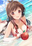  1girl ahoge antenna_hair apple ass beach bikini blush breasts brown_hair cleavage cloud cloudy_sky collarbone day food fruit idolmaster idolmaster_cinderella_girls idolmaster_cinderella_girls_starlight_stage in_water long_hair looking_at_viewer lying medium_breasts ocean on_stomach open_mouth red_bikini red_eyes sky solo sweatdrop swimsuit tetsujin_momoko tsujino_akari 