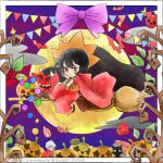  1girl ashley_(warioware) bat_(animal) black_hair bow broom broom_riding candle cat cloak demon demon_horns dress full_moon halloween hand_on_own_cheek hand_on_own_face horns long_hair moon official_art pumpkin red_(warioware) red_cloak red_dress red_eyes red_footwear takeuchi_kou twintails very_long_hair warioware 