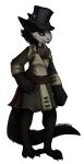  anthro black_body black_claws black_clothing black_coat black_fur black_hat black_headwear black_tail black_topwear claws clothing coat female finger_claws fur grey_body grey_fur hammy hat headgear headwear jolly_roger kobold looking_at_viewer solo tail top_hat topwear 