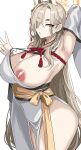  1girl :o animal_ears arm_up armpits blue_archive breasts commentary_request grey_hair hair_ornament hairband halo hella_p highres japanese_clothes kaho_(blue_archive) korean_commentary large_breasts long_hair long_sleeves looking_at_viewer nipples open_mouth simple_background solo thick_eyebrows white_background yellow_eyes yellow_hairband 