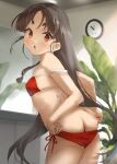  1girl ass bikini black_hair breasts brown_eyes butt_crack clock counter highres kantai_collection long_hair looking_at_viewer looking_back nisshin_(kancolle) plant red_bikini short_eyebrows side-tie_bikini_bottom small_breasts solo swimsuit thick_eyebrows toka_(marchlizard) undressing very_long_hair 