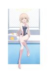  1girl :d absurdres arm_support arume_ad bare_legs barefoot blue_archive blurry bow brown_hair chain-link_fence commentary_request competition_school_swimsuit crossed_legs depth_of_field feet fence hair_between_eyes hair_bow hair_ribbon halo hifumi_(blue_archive) highres knee_up legs long_hair looking_at_viewer low_twintails official_alternate_costume peroro_(blue_archive) poolside ribbon school_swimsuit sidelocks sitting sleeveless smile solo swimsuit thighs toenails toes twintails two-tone_swimsuit v wing_hair_ornament yellow_eyes 
