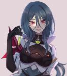  1girl absurdres artist_name blue_hair blurry bodysuit breasts english_commentary framed_breasts gloves hair_between_eyes highres holding holding_test_tube honkai:_star_rail honkai_(series) long_bangs long_hair looking_at_viewer mole mole_under_mouth natasha_(honkai:_star_rail) red_armband red_eyes simple_background smile solo test_tube upper_body yuuneii 