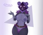  ambiguous_gender anthro areola bear big_areola big_breasts big_nipples breasts clothing female ghous117 gloves handwear herm hi_res huge_areola intersex intersex/female mammal nipples purple_body purple_eyes raven_team_leader simple_background simple_eyes solo wide_hips 