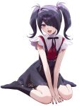 1girl :d absurdres akabino ame-chan_(needy_girl_overdose) between_legs black_hair black_nails black_ribbon black_skirt black_socks blush collar collared_shirt commentary_request full_body hair_ornament hair_over_one_eye hair_tie hairclip hand_between_legs heart highres looking_at_viewer multicolored_nails neck_ribbon needy_girl_overdose open_mouth purple_eyes red_nails red_shirt ribbon shirt shirt_tucked_in sitting skirt smile socks solo suspender_skirt suspenders twintails wariza white_collar x_hair_ornament 