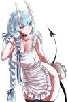  1girl apron black_choker blue_eyes blue_hair braid breasts choker cleavage demon demon_girl demon_horns demon_tail frilled_apron frills haraya_manawari highres horns large_breasts long_hair looking_at_viewer maid maid_apron naked_apron original pointy_ears solo tail thighhighs tray twin_braids white_apron wrist_cuffs 