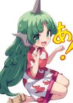  1girl blush fang green_eyes green_hair highres hiyaya_(kochi_michikaze) komano_aunn long_hair open_mouth skin_fang smile solo touhou 