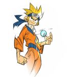  1boy blonde_hair blue_eyes child energy_ball facial_mark forehead_protector headband highres jumpsuit male_child male_focus naruto_(series) ninja orange_pants pants rasengan simple_background smile solo spiked_hair toon_(style) uzumaki_naruto whisker_markings white_background yellow_jumpsuit 