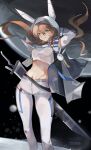  1girl absurdres amiya_(arknights) amiya_(touch_the_stars) animal_ears arknights arm_behind_head arm_up artist_name blue_eyes blush bright_pupils brown_hair closed_mouth cmdr_saturn crop_top ear_covers feet_out_of_frame floating_hair highres hood hood_up long_hair long_sleeves midriff moon navel official_alternate_costume pants rabbit_ears smile solo space standing very_long_hair white_pants 