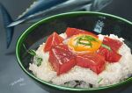  absurdres bowl dated donburi egg_yolk fish food food_focus grey_background highres meat no_humans original rice signature tainosuke 
