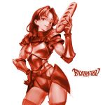  1girl arm_guards armor baguette belt bread breastplate copyright_name cowboy_shot dragon_slayer_(series) faxanadu food gloves highleg highleg_panties highres holding holding_food legs_apart minamoto80486 monochrome panties red_theme ringed_eyes short_hair shoulder_armor simple_background smile solo standing thighhighs underwear white_background 